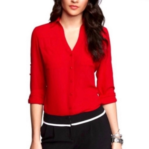 3/$20 Express Portofino Blouse Red Button Front V-Neck Long Sleeve Size L - Picture 1 of 11